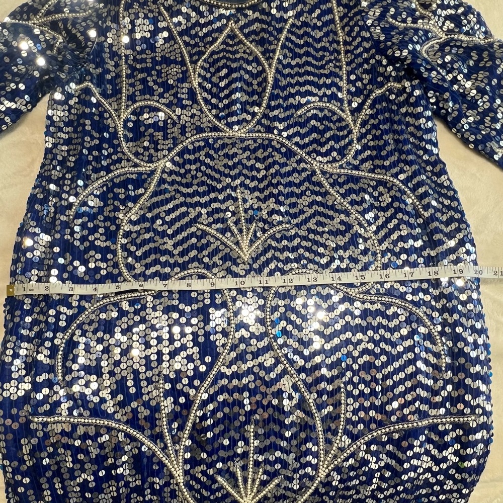 Vintage Blue Sequin Beaded Silk Dress Art Deco Midi Party Formal - Picture 11 of 16